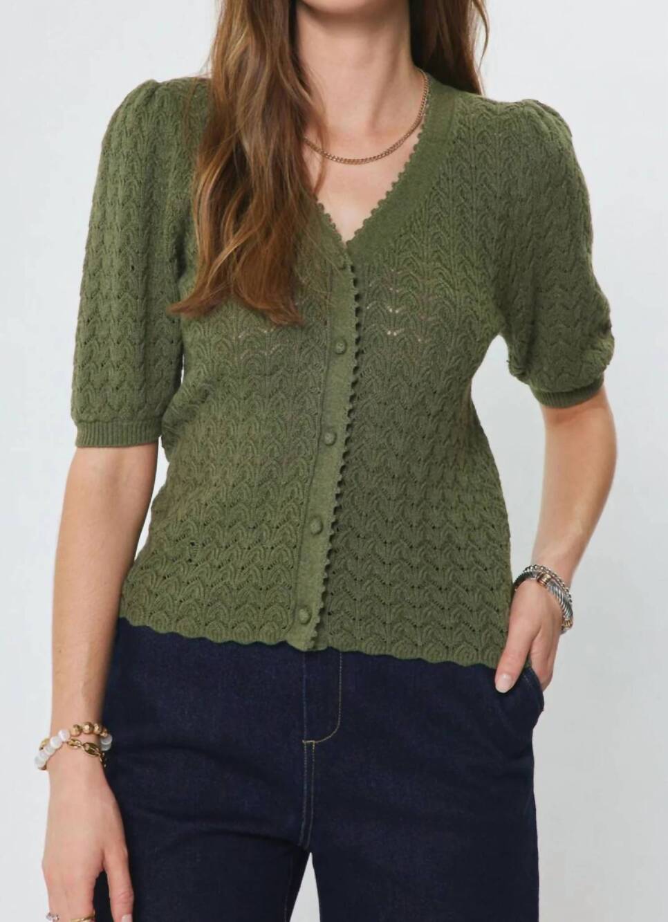 NEW CURRENT AIR puff sleeve scalloped edge top in olive